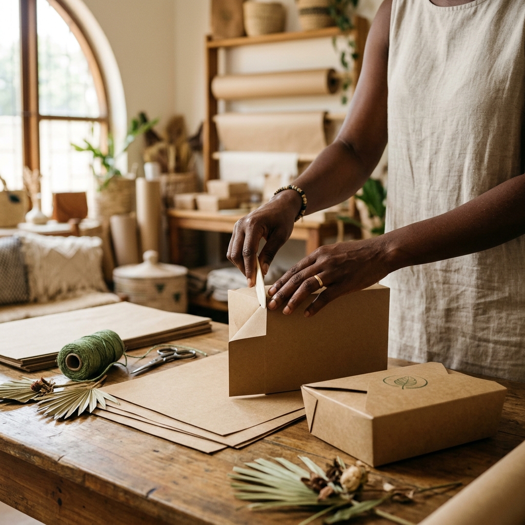 Artisan DÉVIE'S Packaging préparant un emballage kraft